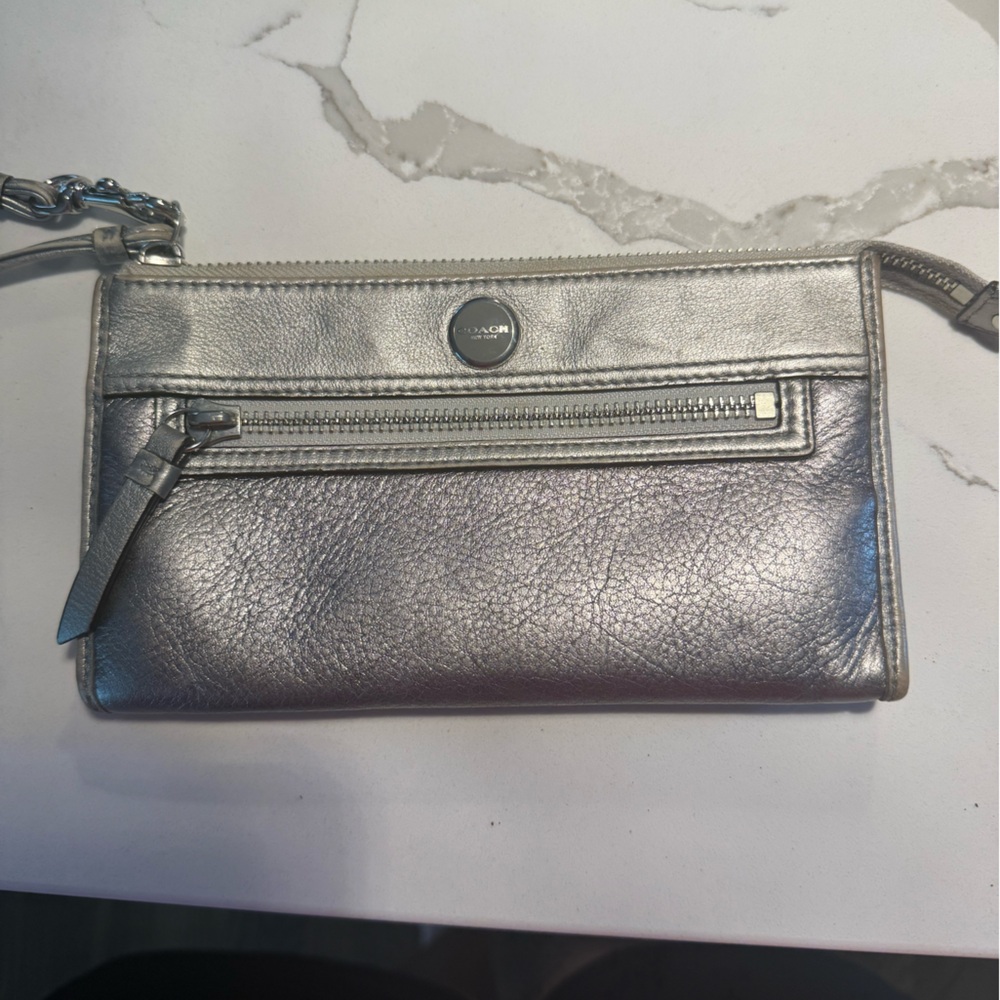 Coach Metallic Silver Leather Wristlet Clutch